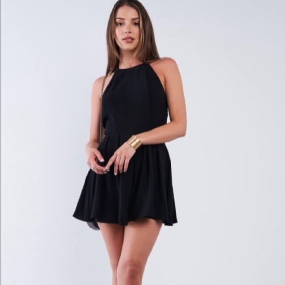 Black sleeveless spaghetti strap stand collar open back knot tie romper Sz S - Picture 1 of 3